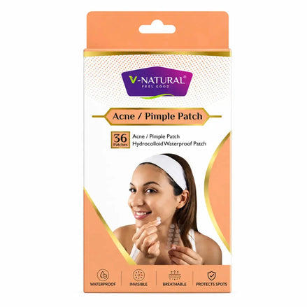 V-Natural Feel Good Acne / Pimple Patch box containing 36 patches, featuring a white and peach packaging design with a model graphic on the front.