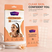 V-Natural Acne/Pimple Patch packaging shown on a peach studio background, with the outer box, a single pouch, and marketing text about clear skin and confident use.
