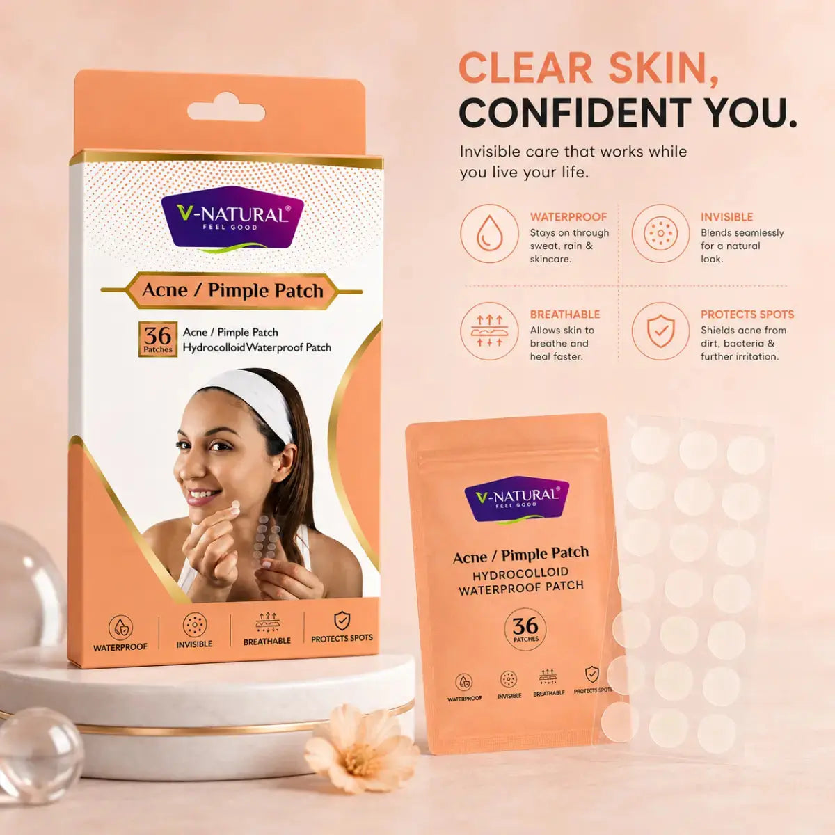 V-Natural Acne/Pimple Patch packaging shown on a peach studio background, with the outer box, a single pouch, and marketing text about clear skin and confident use.
