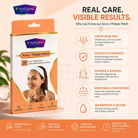 V-Natural Acne/Pimple Patch retail packaging shown on a peach and orange marketing background with product claims and benefit icons. The package is the main sold item, while the surrounding text and imagery are promotional graphics.