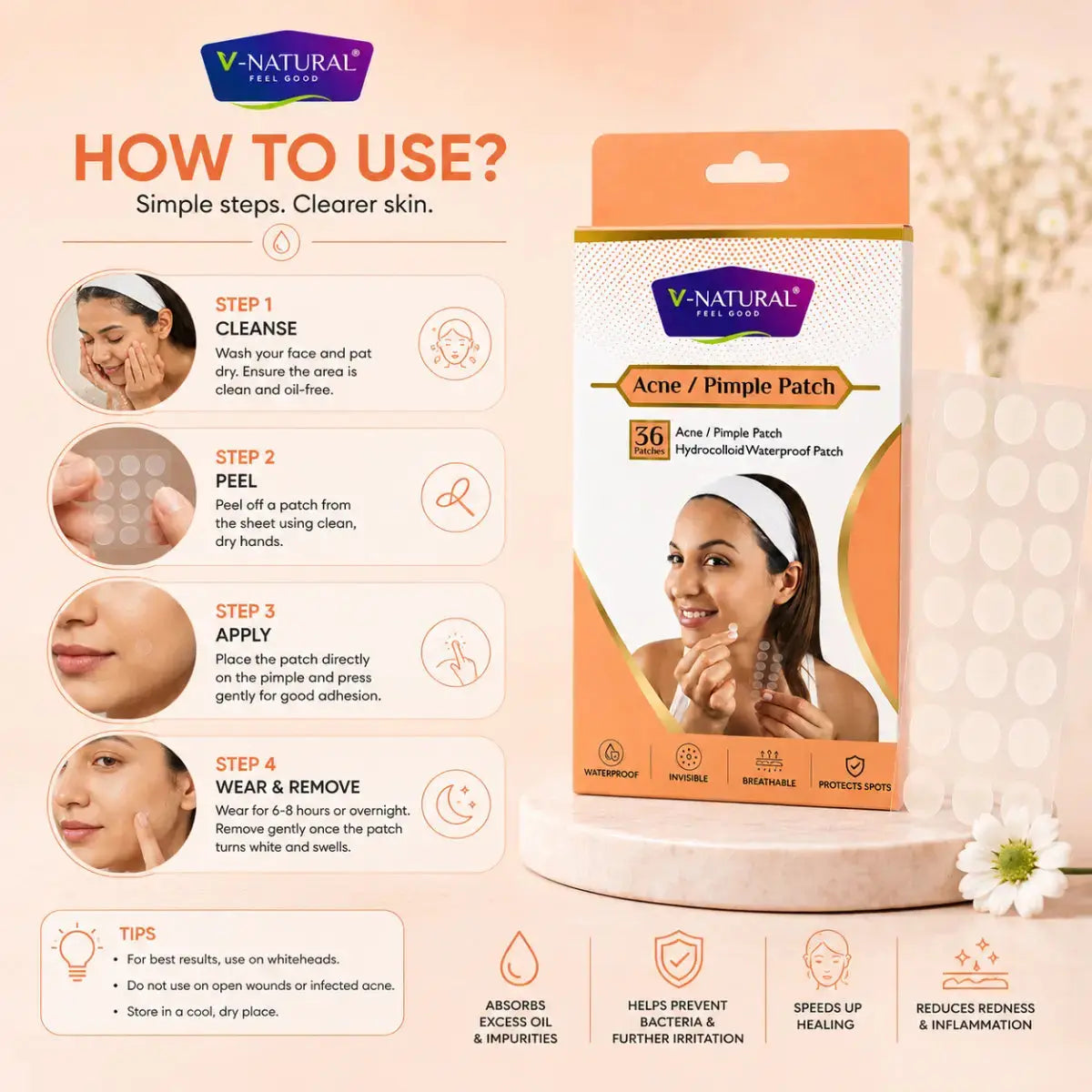 V-Natural Skin Care Acne/Pimple Patch usage guide with step-by-step instructions and a package of 36 acne patches on a soft peach background.
