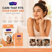 V-Natural Acne/Pimple Patches advertisement featuring a woman touching her cheek, product packaging, and informational text about invisible care and suitability for work, handouts, and sleep.
