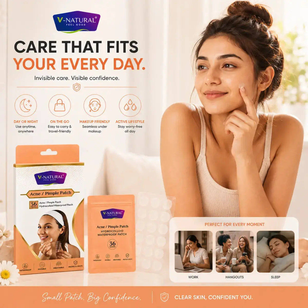V-Natural Acne/Pimple Patches advertisement featuring a woman touching her cheek, product packaging, and informational text about invisible care and suitability for work, handouts, and sleep.