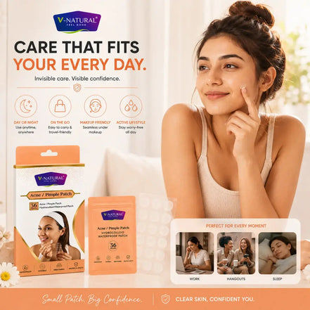 V-Natural Acne/Pimple Patches advertisement featuring a woman touching her cheek, product packaging, and informational text about invisible care and suitability for work, handouts, and sleep.