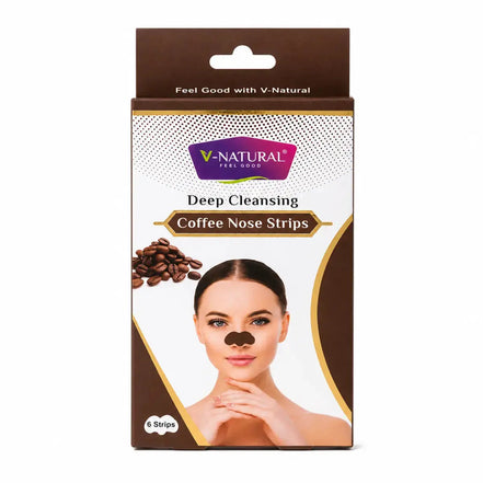 V-Natural Deep Cleansing Coffee Nose Strips packaging box, featuring a brown and white design with a model wearing a black nose strip and an image of coffee beans.