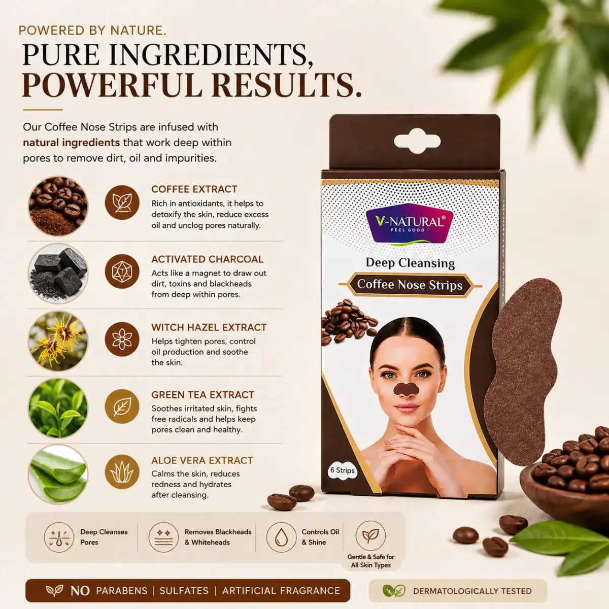Natura V-Health Deep Cleansing Coffee Nose Strips packaging shown on a beige promotional background with coffee beans, leaves, and product benefits text.