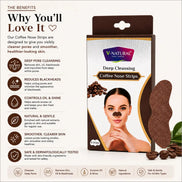 V-Natural Deep Cleansing Coffee Nose Strips packaging shown on a white background with benefit text and icons. The package is brown, white, and gold, featuring a model wearing a black nose strip and coffee bean graphics.