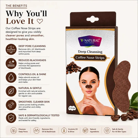 V-Natural Deep Cleansing Coffee Nose Strips packaging shown on a white background with benefit text and icons. The package is brown, white, and gold, featuring a model wearing a black nose strip and coffee bean graphics.