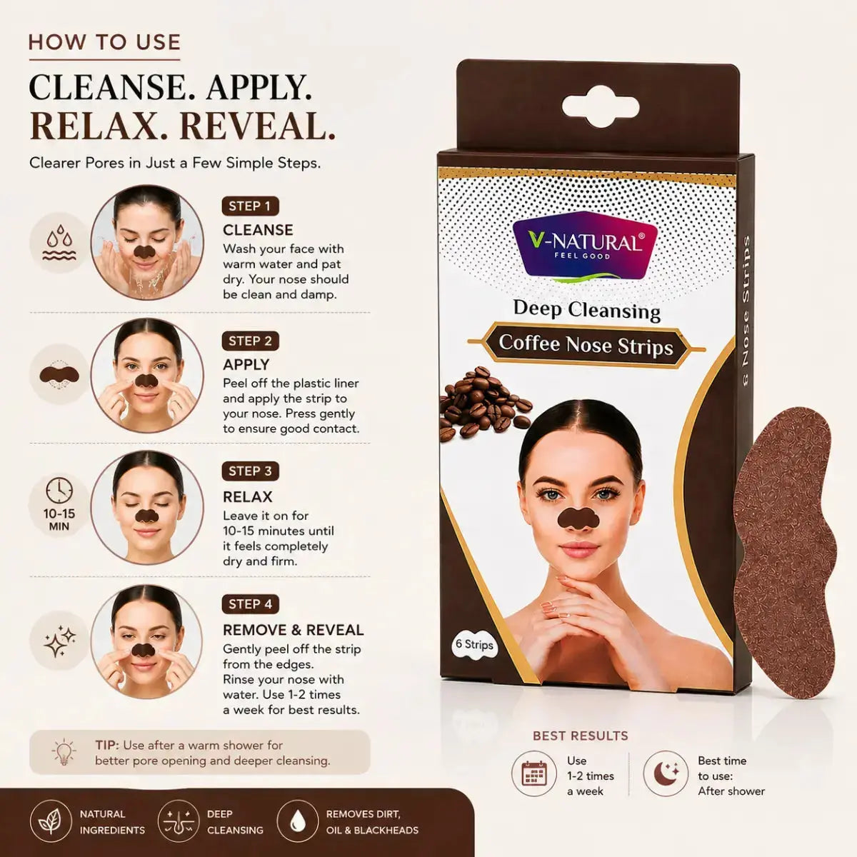 V-Natural Deep Cleansing Coffee Nose Strips packaging and product display on a beige background, with step-by-step usage instructions on the left and the box plus two brown nose strips on the right.