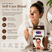 A woman in a white robe holds a mug beside a package of V-Nature Coffee Nose Strips, with coffee beans and a sheet of the nose strip on a light indoor background. Text on the left describes the product benefits and usage.
