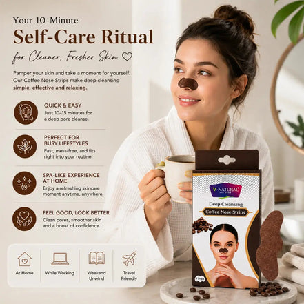 A woman in a white robe holds a mug beside a package of V-Nature Coffee Nose Strips, with coffee beans and a sheet of the nose strip on a light indoor background. Text on the left describes the product benefits and usage.