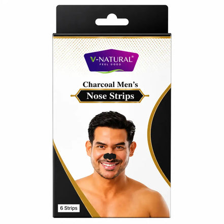 V-Natural Charcoal Men's Nose Strips in a white and black retail box with a photo of a man wearing the black nose strip on his nose. The package contains 6 strips.