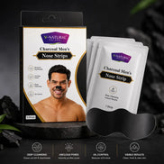 V-Natural Charcoal Men's Nose Strip packaging shown with three individual white sachets and a black nose strip mask on a dark styled background with product feature icons along the bottom.