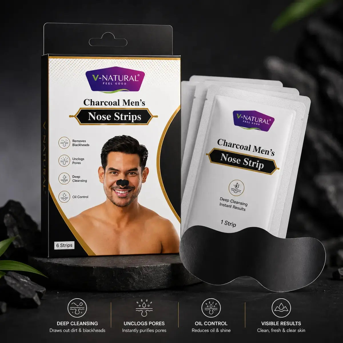 V-Natural Charcoal Men's Nose Strip packaging shown with three individual white sachets and a black nose strip mask on a dark styled background with product feature icons along the bottom.