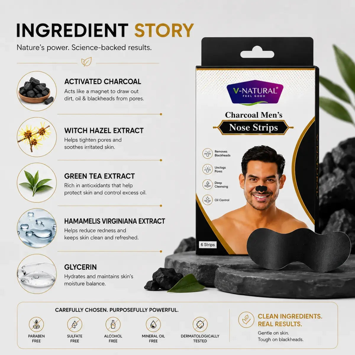 V-Natural Charcoal Men's Nose Strips packaging shown next to loose charcoal stones on a dark gray background, with an ingredient story infographic detailing activated charcoal, witch hazel extract, green tea extract, hamamelis virginiana extract, and glycerin.