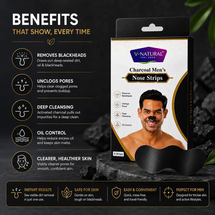 V-Natural Charcoal Men's Nose Strips retail packaging shown beside two black nose strips on a dark textured background, with benefit callouts on the left.