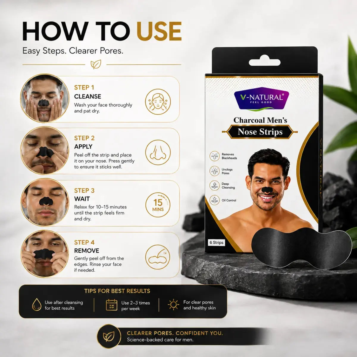 V-Natural Charcoal Men's Nose Strips product package and black nose strip shown on a styled background with a 'How to Use' instructional graphic on the left.