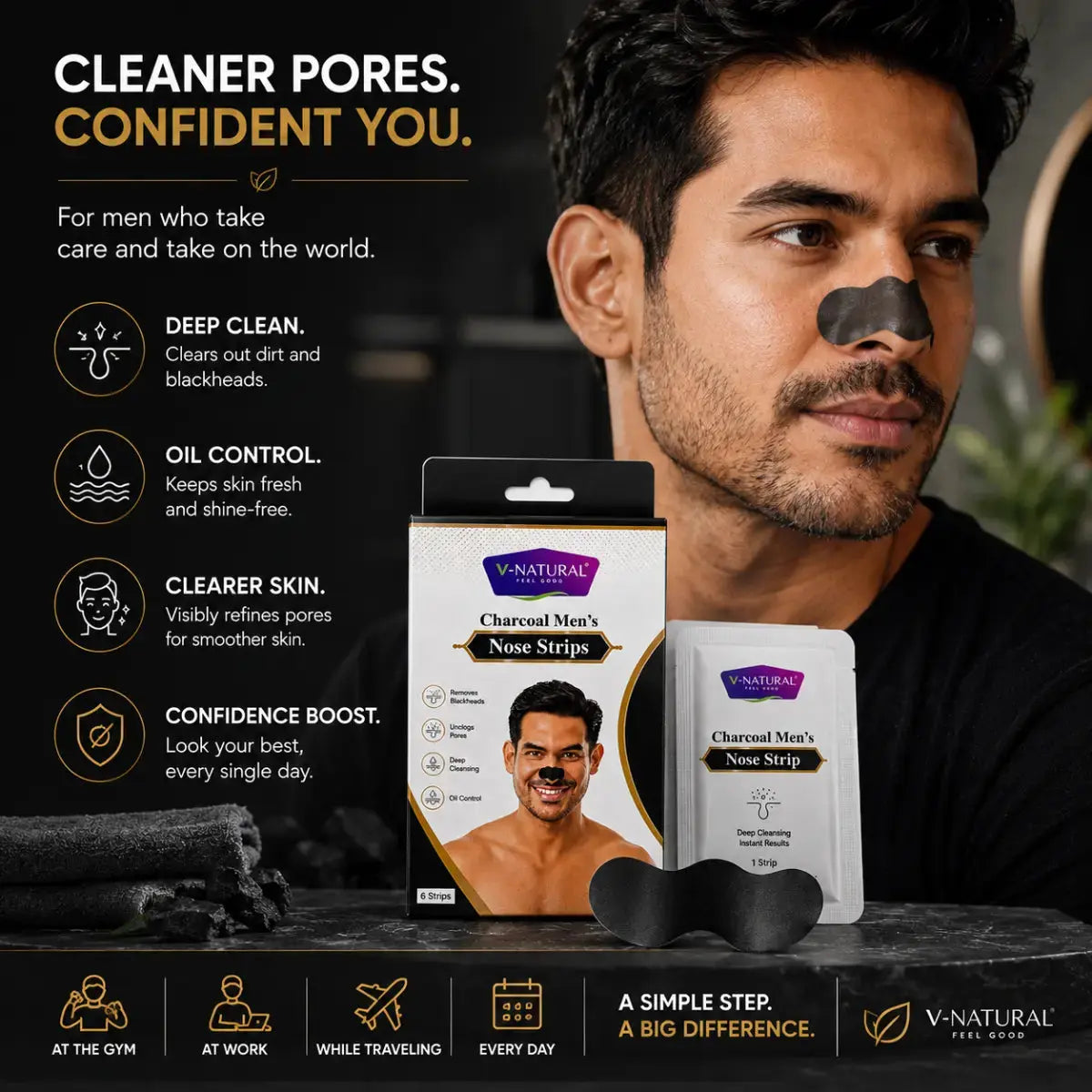 A man wearing a charcoal nose strip on his nose, with two V-Natural Charcoal Men's Nose Strip packs and one loose black strip displayed in front against a dark indoor background. Text on the left highlights benefits like deep clean, oil control, clearer skin, and confidence boost.