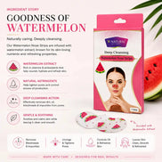 V-Natural Skin Deep Cleansing Watermelon Nose Strips packaging and product display on a pink background with watermelon graphics and ingredient benefits text.