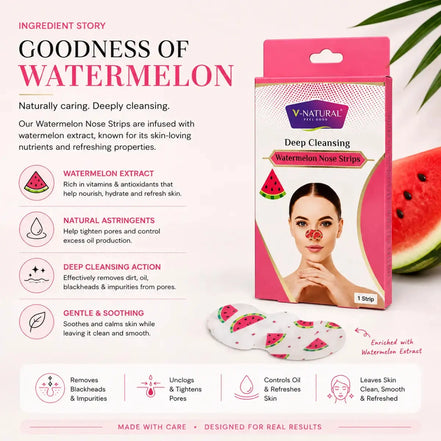 V-Natural Skin Deep Cleansing Watermelon Nose Strips packaging and product display on a pink background with watermelon graphics and ingredient benefits text.