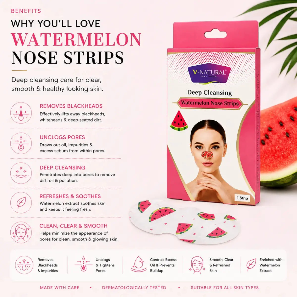 V-Natural Watermelon Nose Strips deep cleansing mask shown in its retail packaging with a model demonstrating the mask applied to her nose, accompanied by text detailing the benefits of watermelon nose strips.