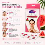 V-Natural Deep Cleansing Watermelon Nose Strips packaging shown on a light pink background with usage instructions, watermelon slices, and a model demonstrating the strips applied to the nose.