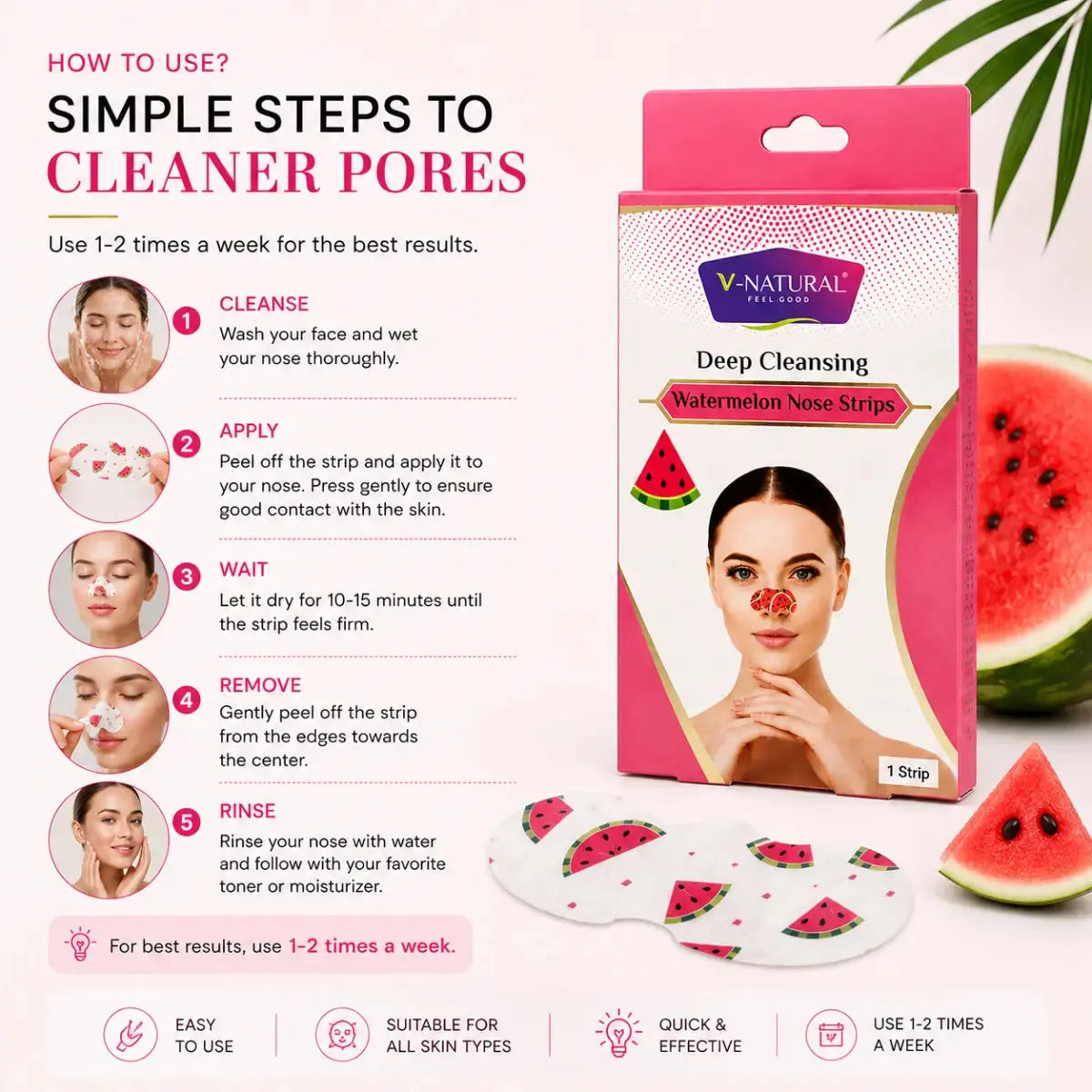 V-Natural Deep Cleansing Watermelon Nose Strips packaging shown on a light pink background with usage instructions, watermelon slices, and a model demonstrating the strips applied to the nose.