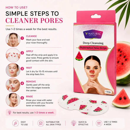 V-Natural Deep Cleansing Watermelon Nose Strips packaging shown on a light pink background with usage instructions, watermelon slices, and a model demonstrating the strips applied to the nose.