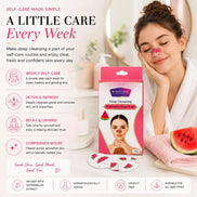 V-Natural Deep Cleansing Watermelon Nose Strips shown in their pink packaging next to two loose watermelon-patterned nose strips, with a smiling woman in a bathroom setting on the right and product benefits listed on the left.