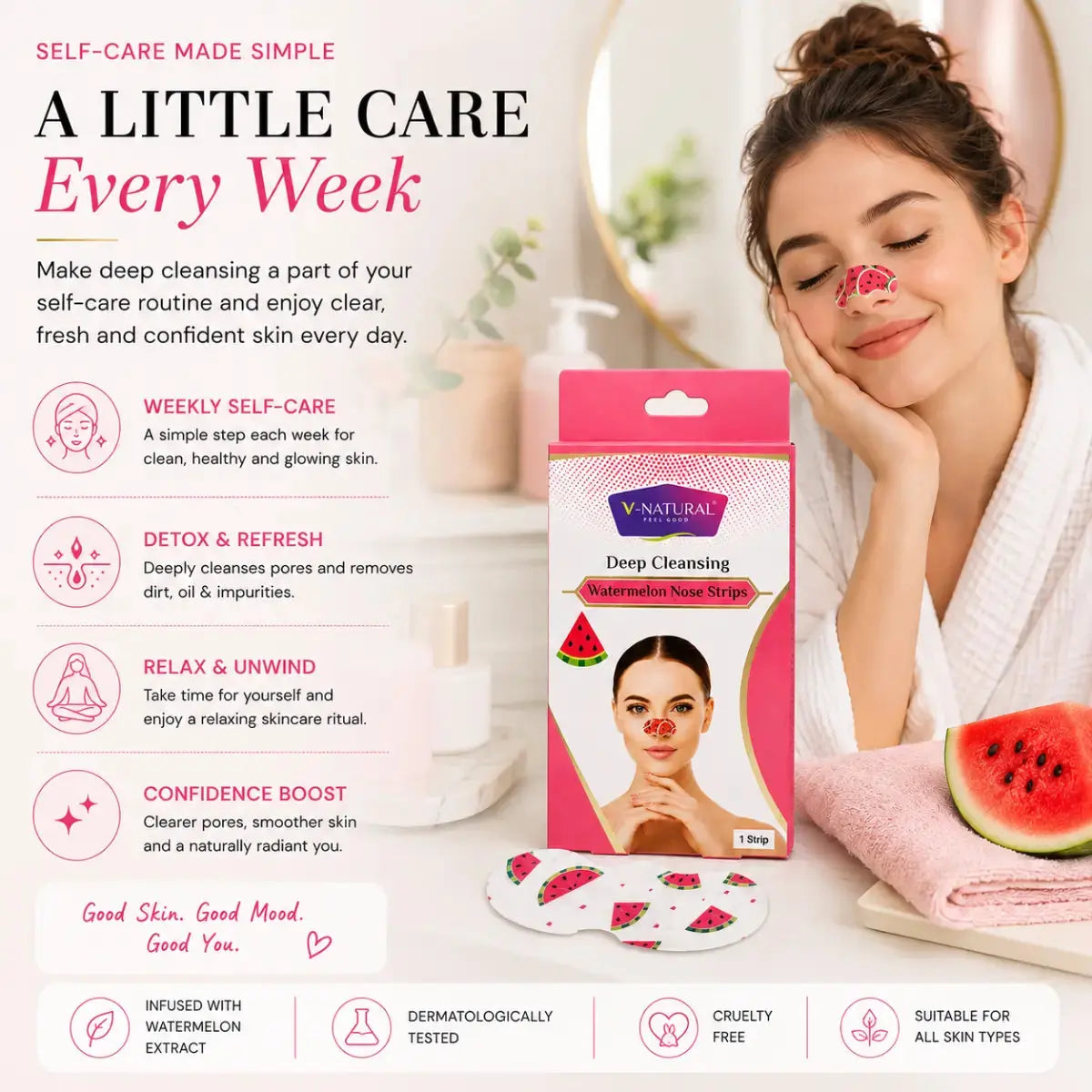 V-Natural Deep Cleansing Watermelon Nose Strips shown in their pink packaging next to two loose watermelon-patterned nose strips, with a smiling woman in a bathroom setting on the right and product benefits listed on the left.