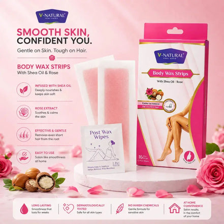 V-Natural Body Wax Strips package and product display on a pink background with rose graphics. The image shows the retail box, a pack of white post-wax wipes, and wax strips, with text highlighting ingredients and benefits.