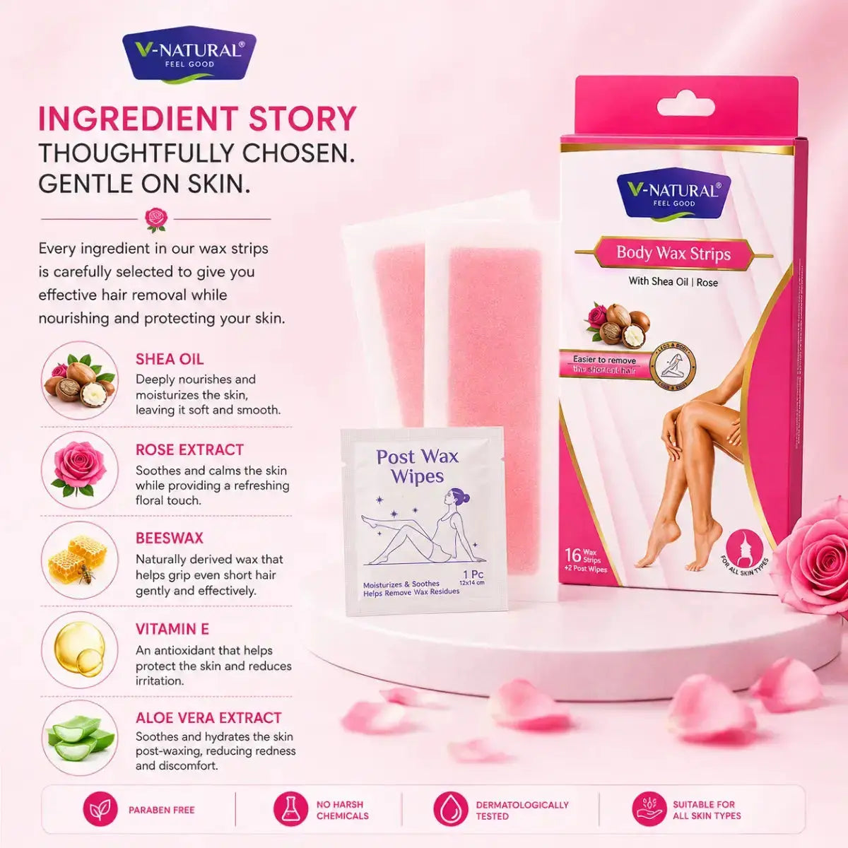 V-Natural Body Wax Strips and Post Wax Wipes set against a pink background with ingredient callouts and illustrations of shea, rose, beeswax, vitamin E, and aloe vera.