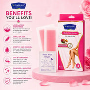 V-Natural Post Wax Strip and Wipe set on a pink background with promotional text and icons. The set includes a pink and white body wax strip package, a small box of post wax wipes, and a pink bottle, with a graphic of a woman's legs on the box.