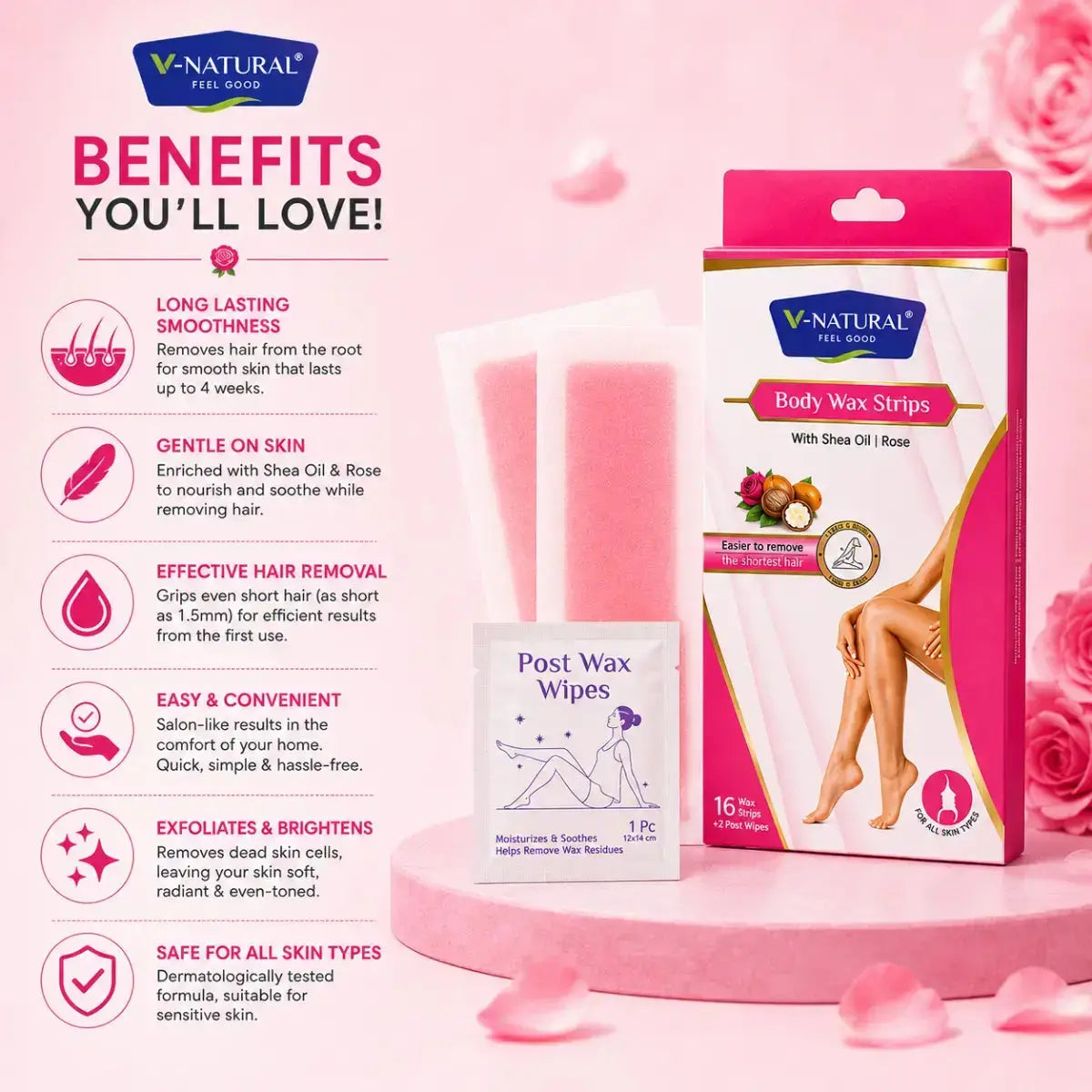 V-Natural Post Wax Strip and Wipe set on a pink background with promotional text and icons. The set includes a pink and white body wax strip package, a small box of post wax wipes, and a pink bottle, with a graphic of a woman's legs on the box.