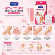 A pink promotional graphic for V-Natural Post Wax Wipes and body wax strips, showing the retail box, several pink strips, step-by-step hand-use instructions, and usage tips on a soft pink background.