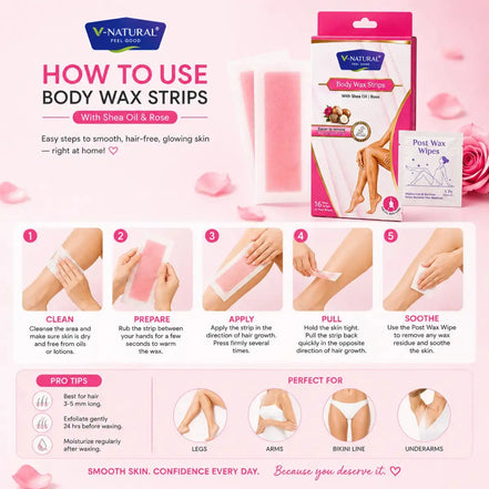 A pink promotional graphic for V-Natural Post Wax Wipes and body wax strips, showing the retail box, several pink strips, step-by-step hand-use instructions, and usage tips on a soft pink background.