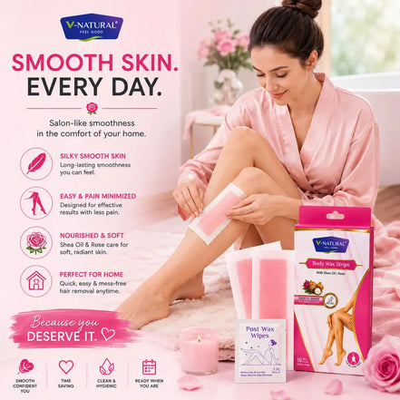 V-Natural Post Wax Strips soft hair removal kit shown with a woman applying a strip to her leg in a pink bedroom setting, alongside the product packaging, wax strips, and promotional text.
