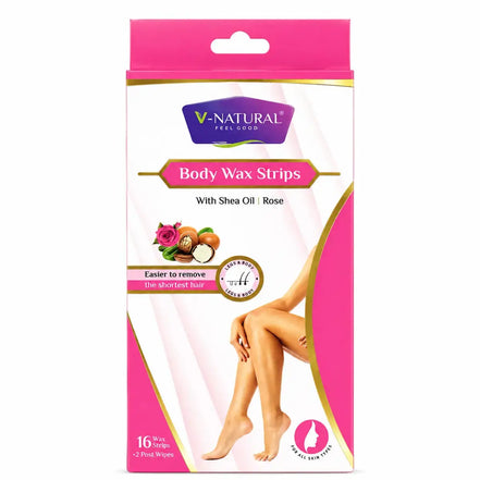 V-Natural Feel Smooth Body Wax Strips packaging, featuring pink and white design with gold accents, Shea Oil and Rose illustrations, and a photo of legs on the front.