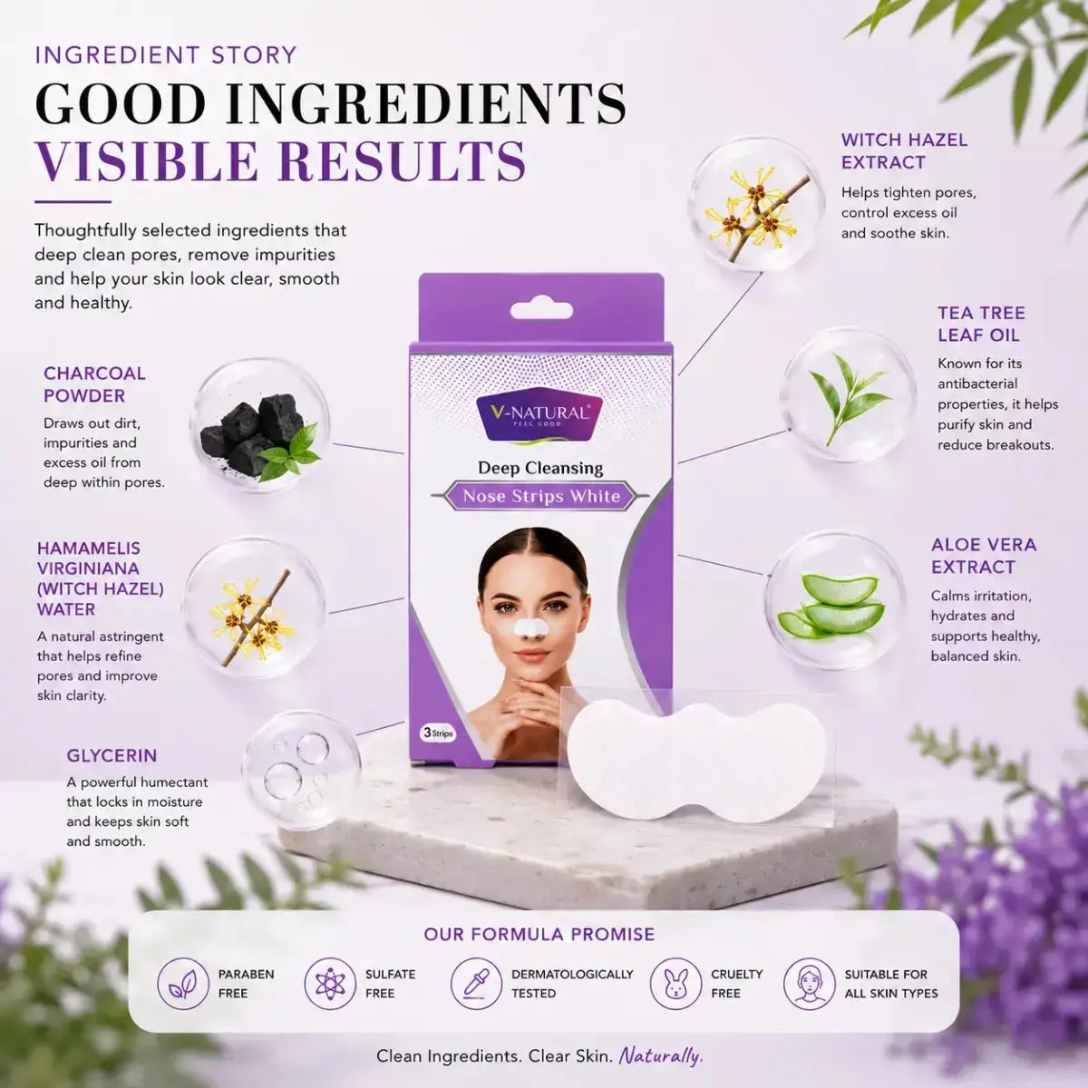 A promotional product graphic for a purple and white V-Natural Deep Cleansing Face Stripping mask. The layout features a central product package, a model's face, and various ingredient callouts with illustrations on a light lavender background with purple flowers.