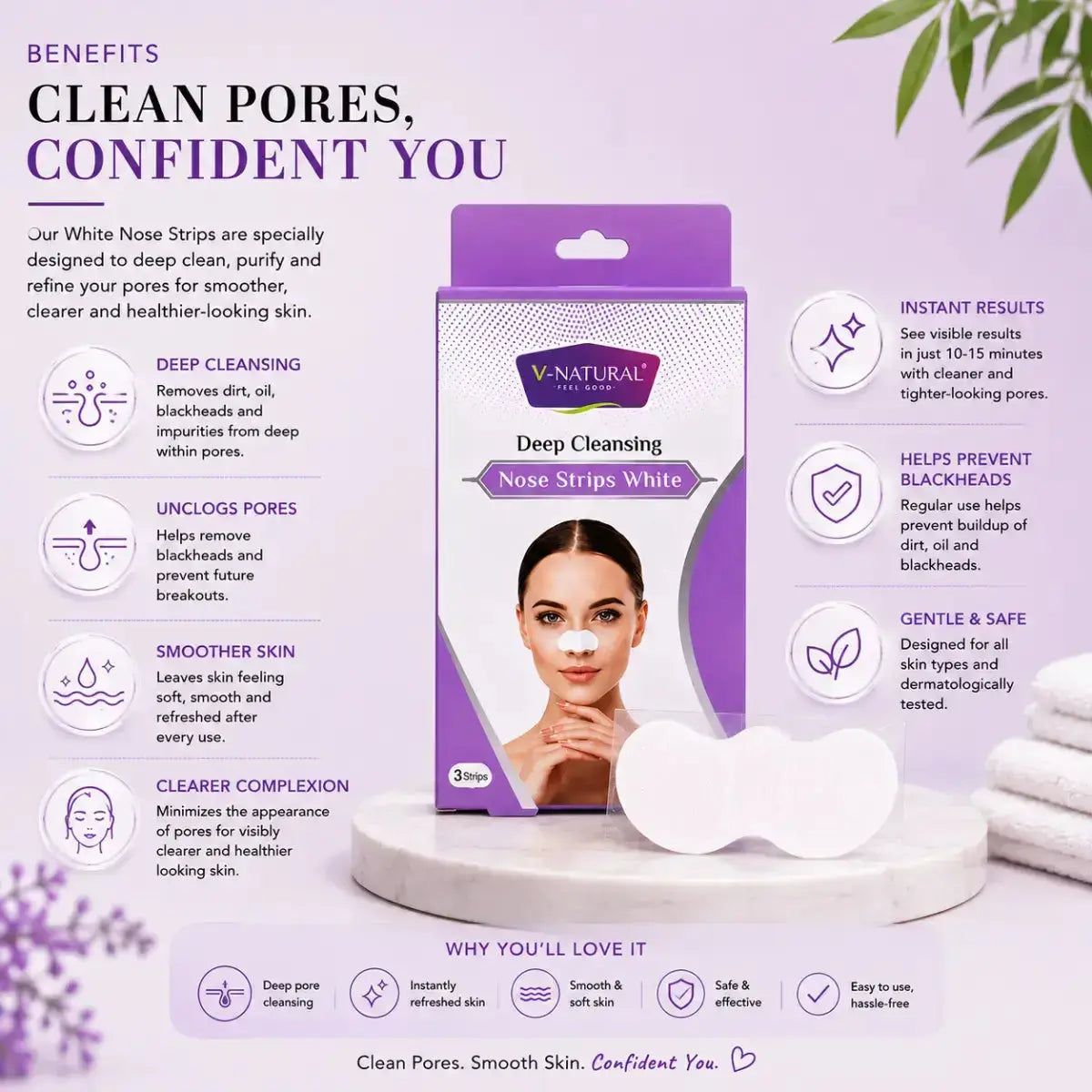 A promotional graphic for Natures White Nose Strips, showing the product packaging in the center with a model demonstrating the white strip applied to her nose. The layout features a benefits section on the left and right with text and icons, all set against a light purple background with lavender floral accents.