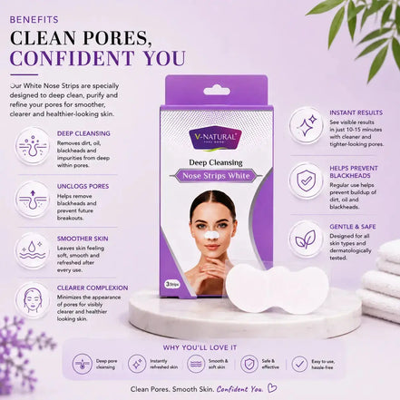 A promotional graphic for Natures White Nose Strips, showing the product packaging in the center with a model demonstrating the white strip applied to her nose. The layout features a benefits section on the left and right with text and icons, all set against a light purple background with lavender floral accents.