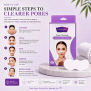 V-Natural White Deep Cleansing Nose Strips shown with its retail box on a light lavender background, alongside a step-by-step usage guide with facial close-ups and care tips.
