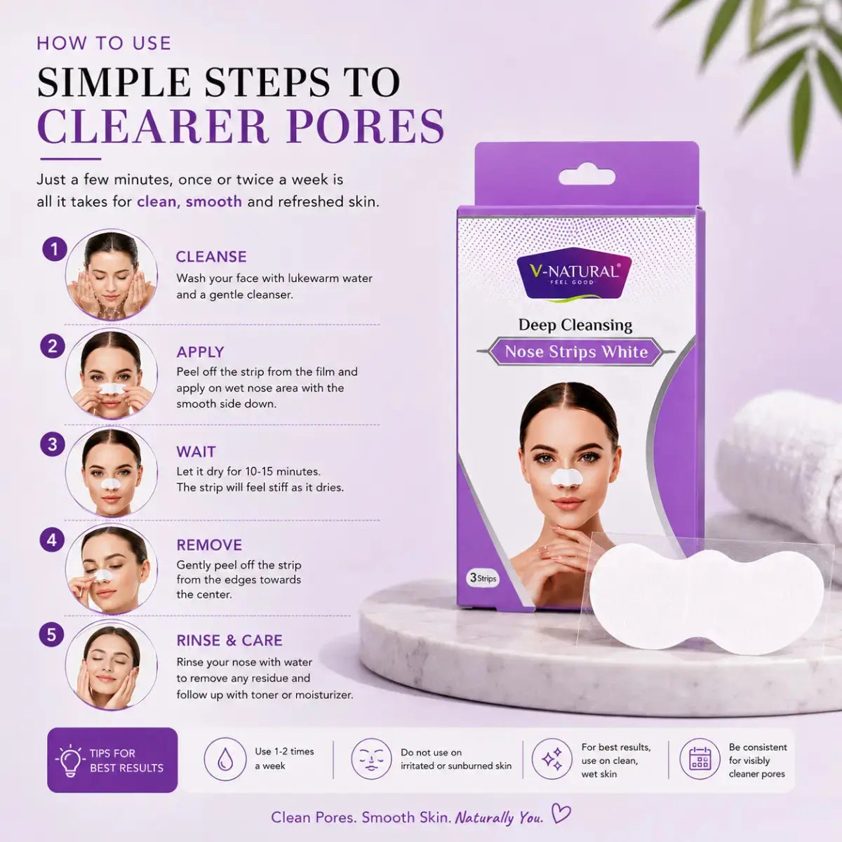 V-Natural White Deep Cleansing Nose Strips shown with its retail box on a light lavender background, alongside a step-by-step usage guide with facial close-ups and care tips.