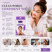 V-Natural Deep Cleansing Nose Strips White shown in its packaging next to two white strips, with a woman in a white robe applying one of the strips to her nose. The background is a soft lavender studio setting with decorative plants and a lit candle, accompanied by product benefits and before/after skin results.