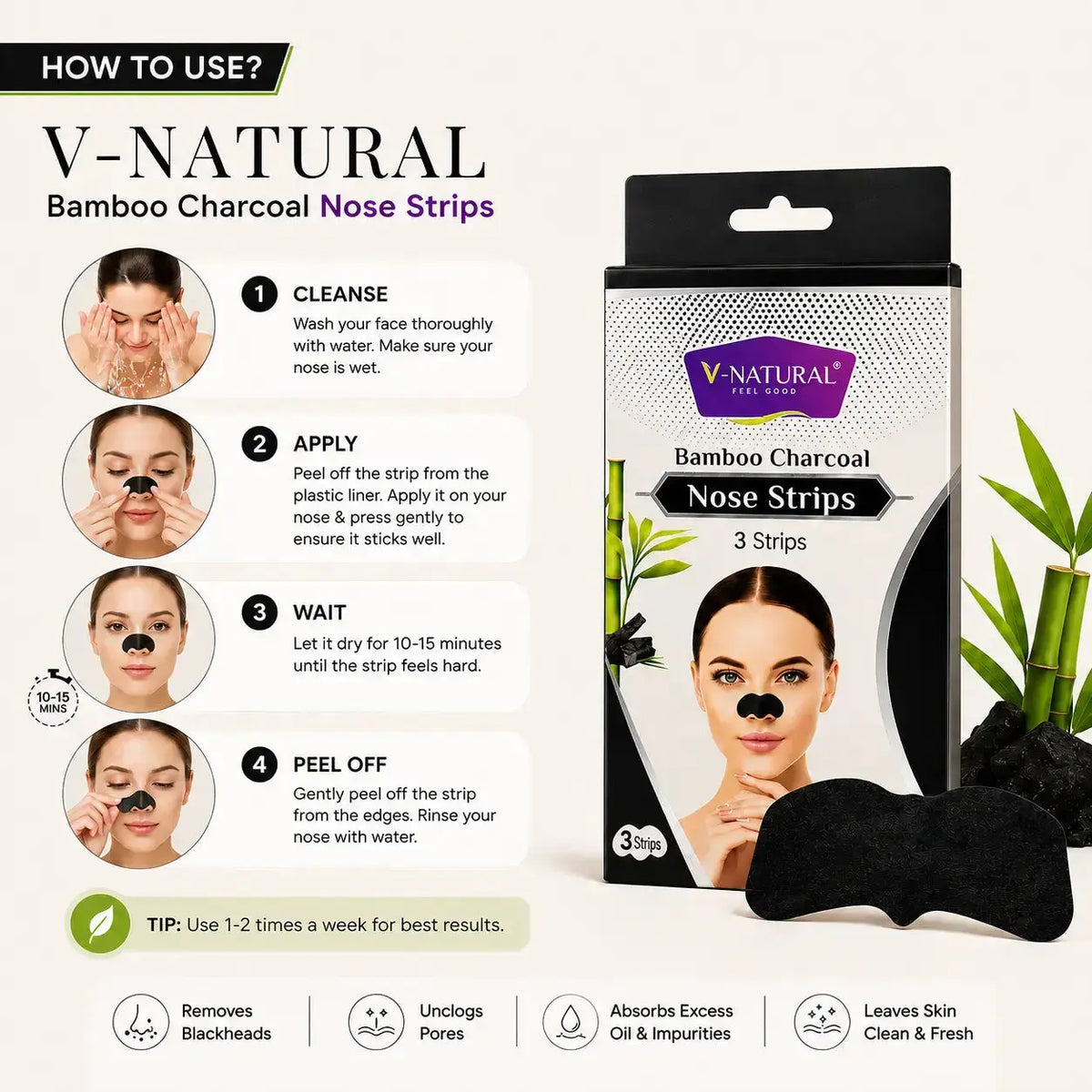 V-Natural Bamboo Charcoal Nose Strips packaging and product display on a light beige background, with step-by-step usage instructions on the left and three black nose strips shown on the right.