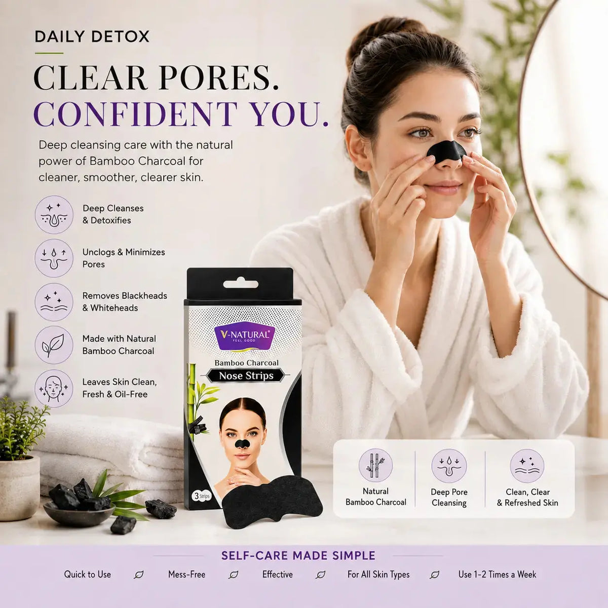 A woman in a white robe applies a black bamboo charcoal nose strip while the product packaging is shown beside her. The ad includes text promoting deep cleansing, pore clearing, and natural bamboo charcoal, with icons and a small usage infographic.