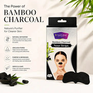 V-Natural Bamboo Charcoal Nose Strips packaging shown next to two black nose strips on a clean white background with decorative bamboo leaves and text describing benefits.