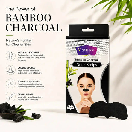 V-Natural Bamboo Charcoal Nose Strips packaging shown next to two black nose strips on a clean white background with decorative bamboo leaves and text describing benefits.
