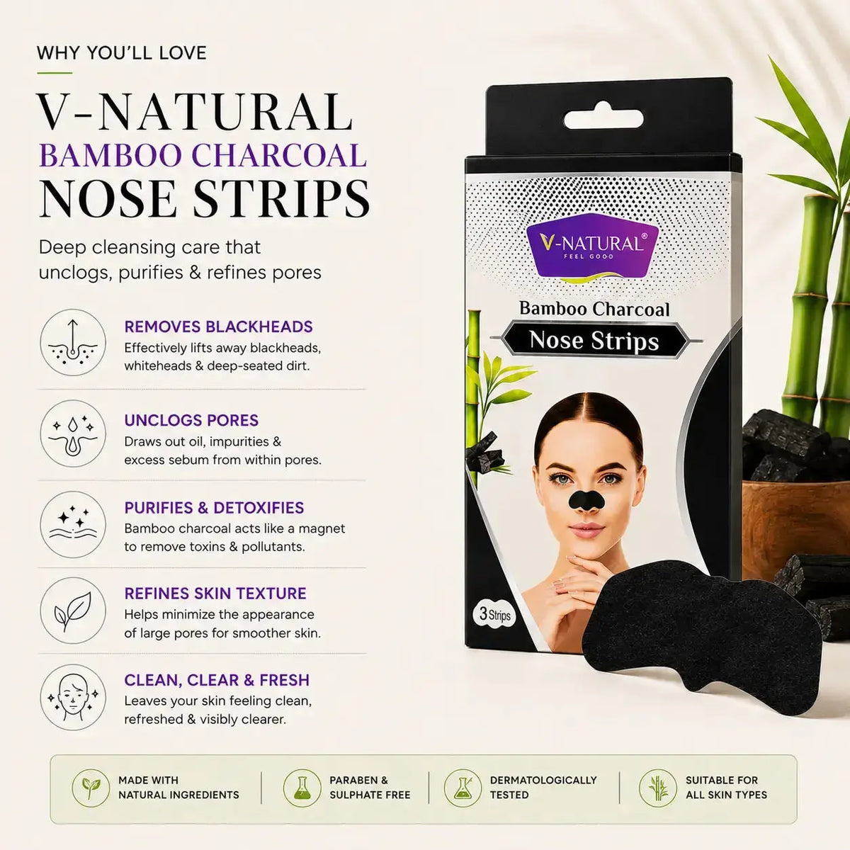 V-Natural Bamboo Charcoal Nose Strips packaging shown on a clean beige background with product benefits listed on the left and black charcoal strips displayed at the bottom right.