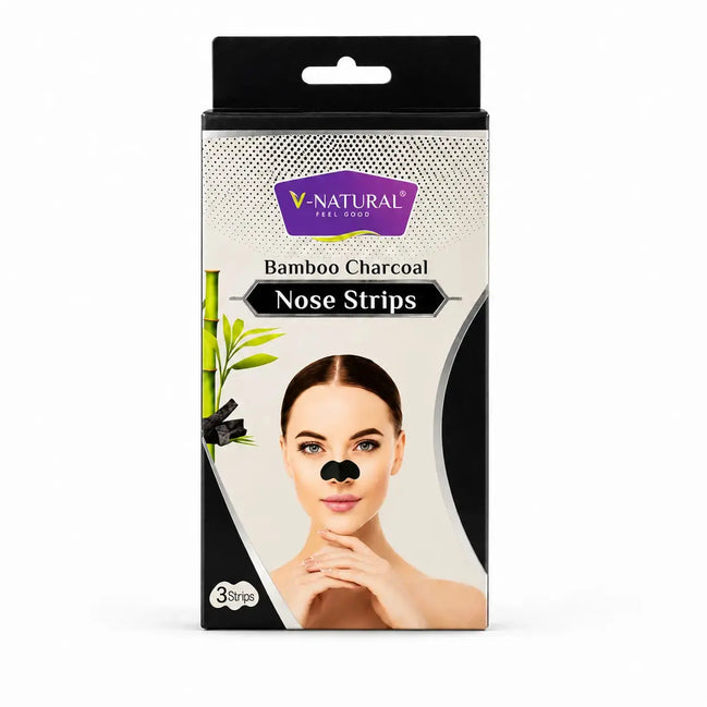 V-Natural Bamboo Charcoal Nose Strips in a 3-pack, shown in its retail packaging against a white background.